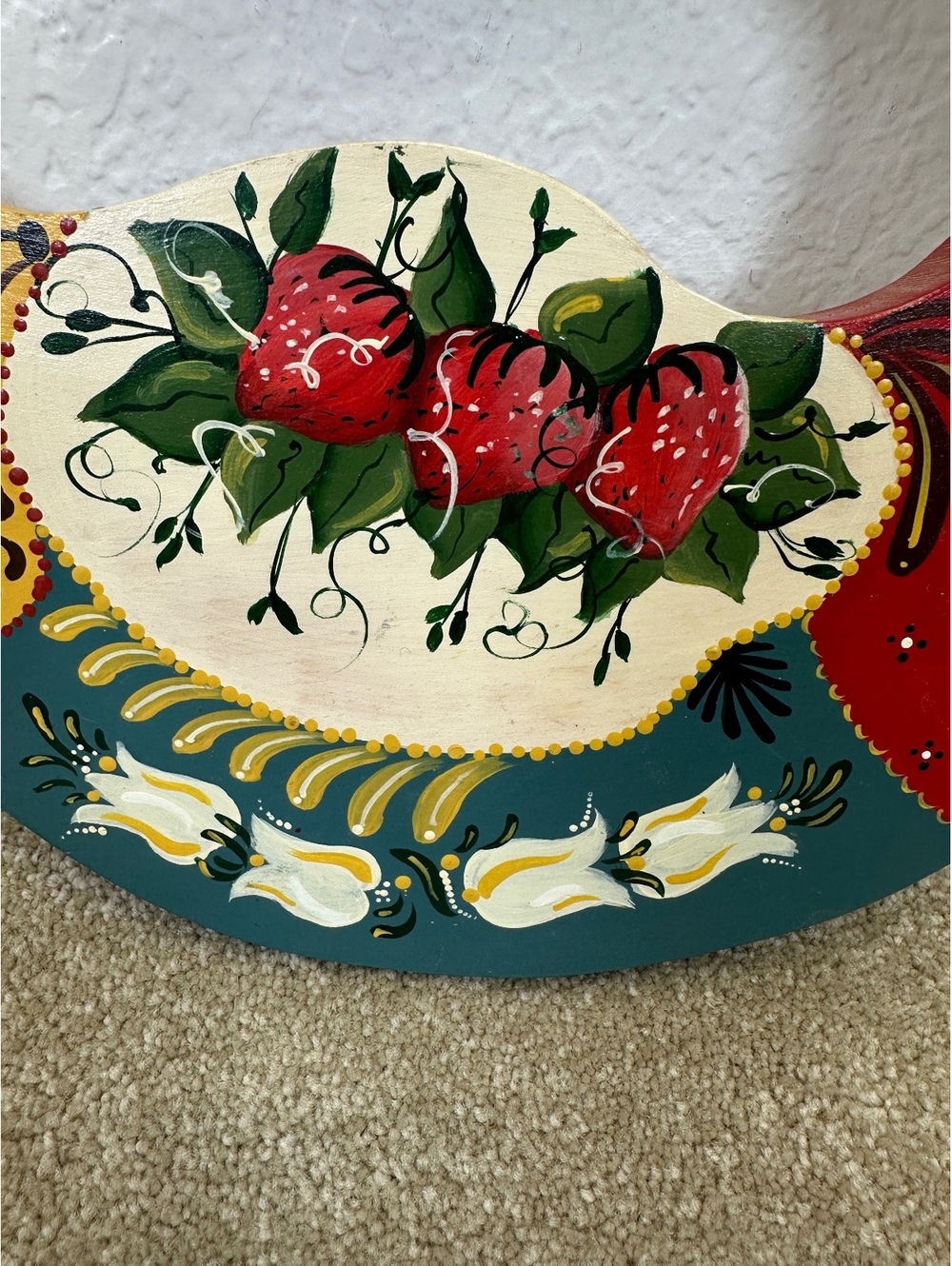 Hand-Painted Wooden Folk Art Goose Tole Painting Strawberries Cottagecore 1980s - Picture 2 of 7